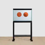 Jeff Koons, Two Ball Total Equilibrium Tank (Spalding Dr. J Silver Series), 1985, glass, steel, sodium chloride reagent, distilled water and two basketballs