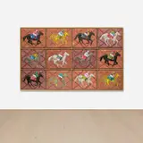 Derek Fordjour, Twelve Tribes, 2021, acrylic, charcoal, cardboard and oil pastel on newspaper, mounted on canvas, in 12 parts, in artist's frame