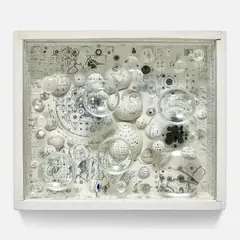 Mary Bauermeister, Needless, Needles, 1964–1972, ink, glass, offset print, optical lenses and painted wood construction