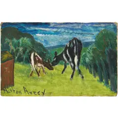 Friendly Bovines by Milton Avery, 1933, oil on canvasboard, sold Nov 2024