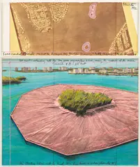 Surrounded Islands (Project for Biscayne Bay) by Christo, 1982, graphite, charcoal, pastel, wax crayon, enamel paint and aerial photograph, in artist's Plexiglas box, in 2 parts, sold Nov 2024