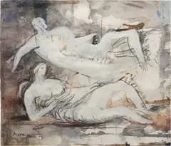 Two Female Reclining Figures by Henry Moore, 1980, crayon, poster paint, watercolor wash and gouache on paper, sold Nov 2024