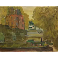 Ludwig Bemelmans, Pont-Neuf, Barge and Statue of "Le Vert-Galant," Paris, 1957, oil on canvas