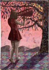 Derek Fordjour, Sunset on York Boulevard, 2018, acrylic, charcoal and oil pastel on newspaper mounted to canvas