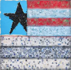 Vaughn Spann, American Too, 2021, polymer paint, pulp, mixed media and terry cloth on canvas over panel