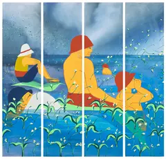 Tammy Nguyen, Flood Season, 2020, watercolor, vinyl paint and pastel on paper stretched over panel, in 4 parts
