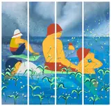 Tammy Nguyen, Flood Season, 2020, watercolor, vinyl paint and pastel on paper stretched over panel, in 4 parts