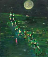Katherine Bradford, Uphill March, 2017, acrylic and collage on canvas