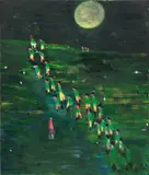 Katherine Bradford, Uphill March, 2017, acrylic and collage on canvas