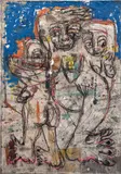 Daniel Crews-Chubb, Rituals (Familia Blue), 2017, oil, acrylic, spray paint, charcoal, pastel, ink, coarse pumice gel, collaged fabrics and staples on canvas