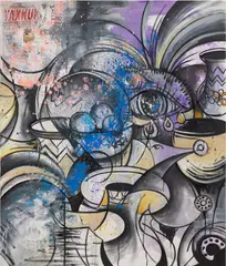 Alec DeMarco, Salma's Vases, 2023, oil, oilstick, ink and printed paper collage on canvas