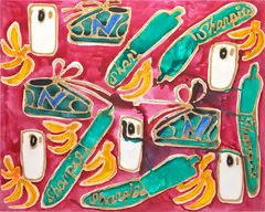 Katherine Bernhardt, Sharpies, bananas, new balance and G4 cell phones, 2015, acrylic and spray paint on canvas