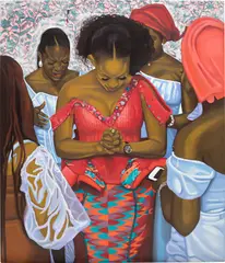 Cornelius Annor, Anigye, 2021, acrylic, fabric and fabric transfer on canvas