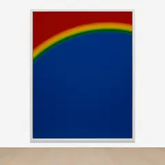 Cory Arcangel, Photoshop CS: 84 by 66 inches, 300 DPI, RGB, square pixels, default gradient "Russell's Rainbow" (turn transparency off), mousedown y=25180 x=15100, mouseup y=1400 x=6400, 2009, chromogenic print face mounted to Diasec, in artist's frame