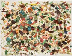 Dan Colen, Cocksuckers, blews, mews, pews, & stews, 2007, chewing gum and gum wrappers on canvas