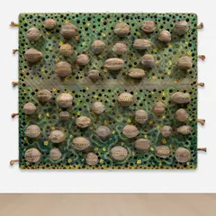 Ashley Bickerton, Green Painting with Boats, 2002, acrylic, photo collage, coconuts, metal and bone on panel