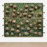 Ashley Bickerton, Green Painting with Boats, 2002, acrylic, photo collage, coconuts, metal and bone on panel