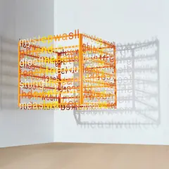 Liam Gillick, Literally, 2003, aluminum letter forms on powder coated aluminum cube, in 4 parts