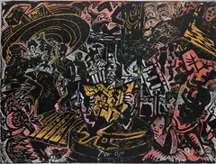 Jörg Immendorff, Tor Ost, 1984, acrylic and woodblock print on canvas