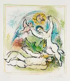 Marc Chagall, Ma belle aura de moi demain une colombe..., from Sur la terre des Dieux (My Beautiful Will Have From Me Tomorrow a Dove..., from The Land of the Gods) (M. 538, see C. bks 72), 1967, Lithograph in colors, on Arches paper, with full margins