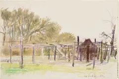 Shed by Wolf Kahn, circa 1982, Unique pastel drawing, on wove sketchbook paper, sold Feb 2024