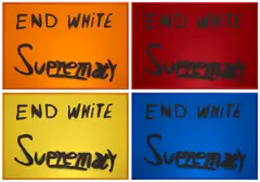 Sam Durant, End White Supremacy (Mirrored), 2021, The complete set of four screenprints on colored mirrored Plexiglas, each contained in the original artist's anodized metal frame