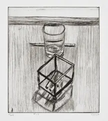 41 Etchings Drypoints: #19 (still life with pencil, glass and box with cigarettes) (G. p. 118) by Richard Diebenkorn, 1963, Etching, on Rives BFK paper, with full margins, sold Feb 2024