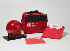 Bowling Ball, Bag, Shirt and Catalog by Mike Kelley, 1991, The complete set of four objects including a customized bowling shirt with artist's name, bowling ball, bowling bag and , sold Feb 2024