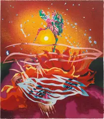 James Rosenquist, The Bird of Paradise Approaches the Hot Water Planet, from Welcome to the Water Planet (G. 214), 1989, Monumental pressed paper pulp print in colors, on two sheets of TGL handmade paper, with lithographic collage, on Rives BFK paper, the full sheets