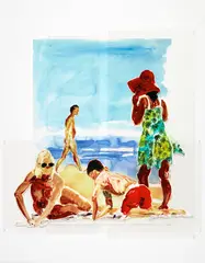 Eric Fischl, Untitled (2 Women and a Boy), 2018, Monumental sublimation print, on Mylar with pins, and digital pigment print, on wove paper, pinned and mounted to acid-free board, within the original white painted artist specified wooden frame