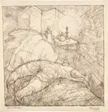 George Grosz, Ein Verbrechen (A Crime), c. 1913-14, Unique sepia reed pen, pen and ink drawing, on Erclass typewriter laid paper