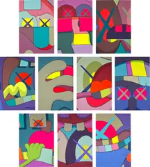 Kaws, UPS AND DOWNS, 2013, The complete set of ten screenprints in colours, on Saunders Waterford High White paper, the full sheets, with title page and the original black linen-covered portfolio box with printed artist's name