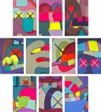 Kaws, UPS AND DOWNS, 2013, The complete set of ten screenprints in colours, on Saunders Waterford High White paper, the full sheets, with title page and the original black linen-covered portfolio box with printed artist's name