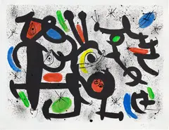 [Untitled] (see M. 1243) by Joan Miró, 1970, Extensive gouache in blue, green, red and yellow over black lithograph with hand-coloring in black ink, on wove paper wa, sold Apr 2024