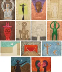 Rufino Tamayo, 15 Aguafuertes (15 Etchings): 13 plates (P. 170-172, 174-181 & 183-184), 1975, Thirteen etching and carborundums in colors, on Guarro paper, the full sheets, all contained in a tan linen portfolio