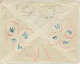 Henri Matisse, Envelope to Docteur Léon Vassaux, 1952, Unique red and blue pencil drawing, on envelope, writing in ink on both sides (slightly faded) addressed from 'Matisse la Regina Cimiez Nice' above the drawing and 'Au Docteur Léon Vassaux Au Docteur Léon Vassaux à St. Saëns' on the other side