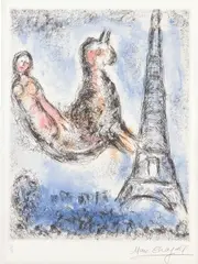 La Tour Eiffel, from Songes (The Eiffel Tower, from Dreams): plate 17 (see C. bks 112) by Marc Chagall, 1981, Etching and aquatint in colors, on Arches paper, with full margins, sold Apr 2024