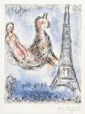 Marc Chagall, La Tour Eiffel, from Songes (The Eiffel Tower, from Dreams): plate 17 (see C. bks 112), 1981, Etching and aquatint in colors, on Arches paper, with full margins
