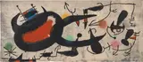 Joan Miró, L'Oiseau solaire, l'oiseau lunaire, étincelles (The Solar Bird, The Lunar Bird, Sparks): one plate (D. 447, see C. bks 117), 1967, Etching and aquatint in colors, on Arches paper, the full sheet