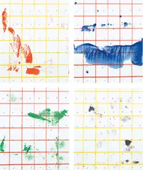Matt Connors, Gate(s), 2014, Four screenprints with hand-coloring, on wove paper, the full sheets, each with the original accompanying vinyl record Phasing Out/Happy Burnout by Phillip Sollmann, contained in the wove paper record covers
