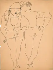 Two Standing Figures by Andy Warhol, c. 1955, Unique black ink drawing, on wove paper, sold Apr 2024