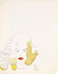 Female Head by Andy Warhol, 1956, Unique blotted ink line drawing with aniline dye hand-coloring, on Strathmore paper, sold Apr 2024