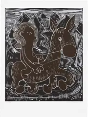 Nicole Eisenman, Crossing the Alborz, 2015, Woodcut in colors, on Rives BFK paper, with full margins