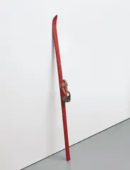Red Friar (Sci Ribelle) by Salvatore Scarpitta, 1990, Painted fiberglass ski, wood, leather, and galvanized metal, sold Apr 2024