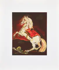 the sparkly Lippazanner at the battle of austerlitz by Karen Kilimnik, 2009, Giclée print in colors with hand-applied glitter, on Sunset Cotton Etching paper, with full margins, sold Apr 2024