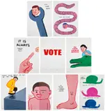 David Shrigley and Joan Cornellà, Vote, 2022, The complete set of eight screenprints in colors, on wove paper, the full sheets, with title page, all contained in the original foam-lined wooden box with printed title and artists names