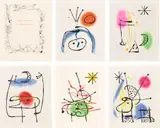Joan Miró, La Bague d’aurore (The Ring of Dawn) (D. 122-125, 127-128, C. bks. 44), 1957, The complete book including five etching and aquatints in colors, on Rives BFK paper, with full margins, and one drypoint on the front cover wrappers, the sheets loose and folded (as issued), with text in French, within the original paper-covered folio, all contained within the original grey laid paper-covered heavy board folio with red printed title on the side and black paper-covered slipcase