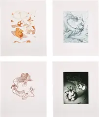Inka Essenhigh, Untitled, 2001, The complete set of four etchings, three with drypoint and two with aquatint, in sienna, indigo, brown and green respectively, on Somerset paper, with full margins
