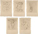 Martin Kippenberger, Yeschen-Nochen-Vielleichtchen, 1991, The complete set of five etchings with pencil additions, on handmade Nepali paper, with full margins, with justification, accompanied by the original blue cloth-covered portfolio with black embossed text and fabric decals