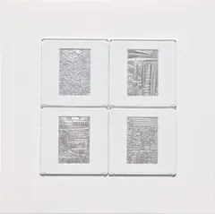 Marco Maggi, Blind Sides, 2007, Four unique drypoint drawings, on aluminum foil, contained within four slide mounts, all mounted to one sheet of wove paper, framed